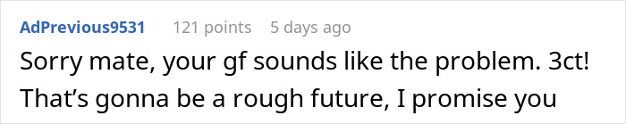 Comment on a forum discussing a small proposal ring from a girlfriend, expressing concern about the ring size and future relationship.