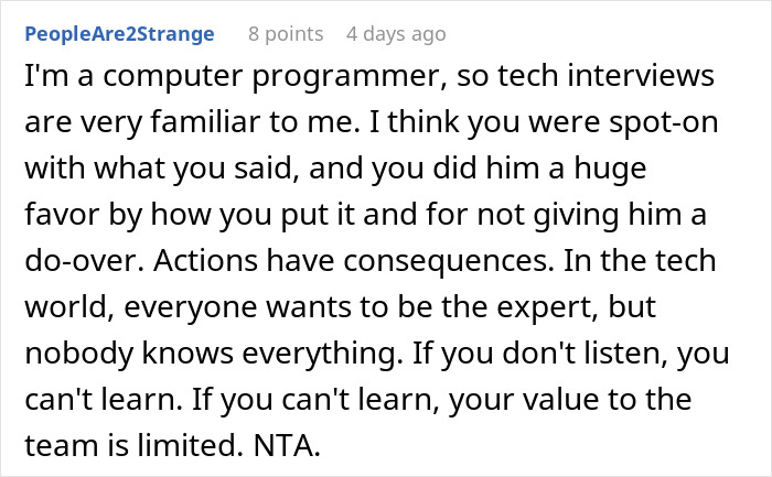 Reddit comment discussing a guy walking into a job interview with a high chance of getting hired but failing quickly. Reddit comment discussing a guy walking into a job interview with a high chance of getting hired but failing quickly.