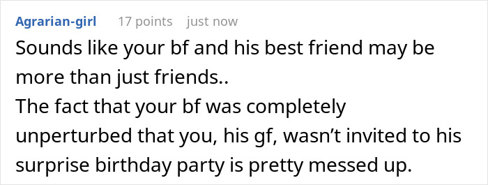 Comment discussing a guy’s female best friend not inviting his girlfriend to a surprise birthday party and its implications. Comment discussing a guy’s female best friend not inviting his girlfriend to a surprise birthday party and its implications.
