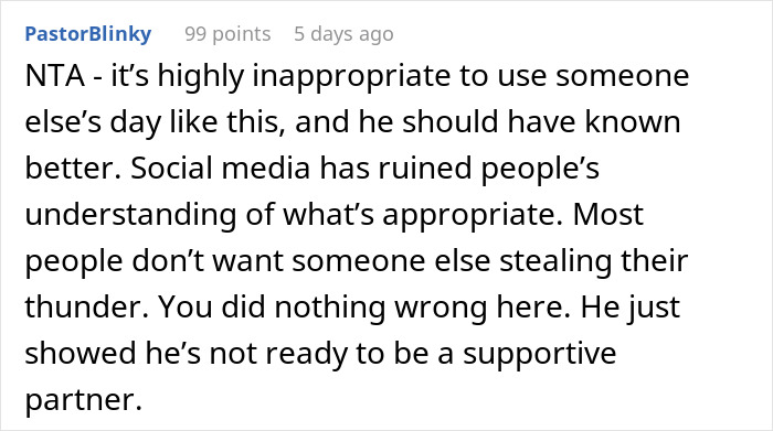 Screenshot of a social media comment criticizing a man who planned a public proposal at a wedding without asking.