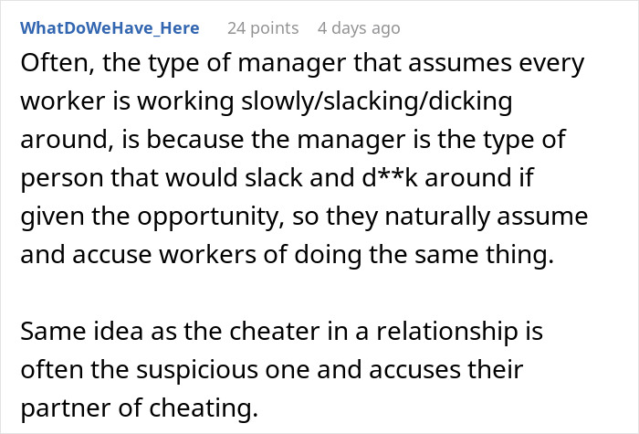 Screenshot of a Reddit comment discussing manager behavior and employee productivity related to boss told guy to message after every client.