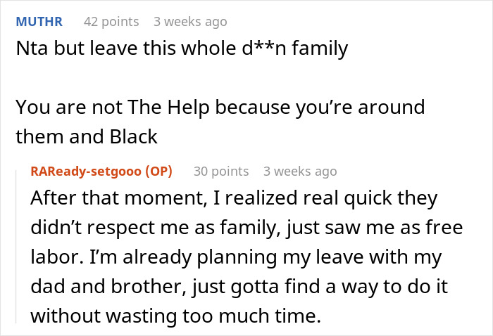 Screenshot of an online discussion about family conflict and racism after a pregnant woman refuses to babysit her niblings. Screenshot of an online discussion about family conflict and racism after a pregnant woman refuses to babysit her niblings.