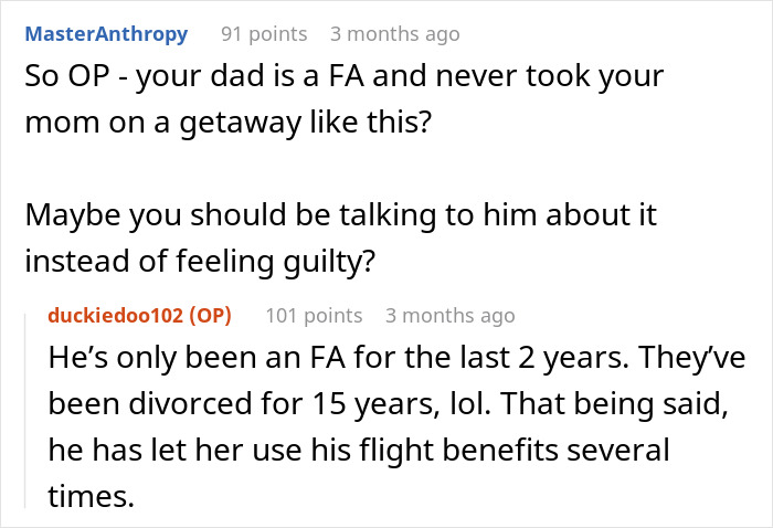 Reddit conversation discussing a couple’s stress-free trip plans before wedding and moms wanting to join and discuss guest lists. Reddit conversation discussing a couple’s stress-free trip plans before wedding and moms wanting to join and discuss guest lists.