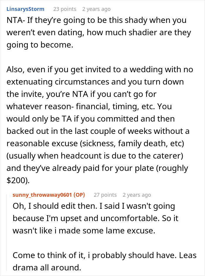 Reddit conversation discussing a woman’s petty conflict with a guy before his wedding plans emerge months later.