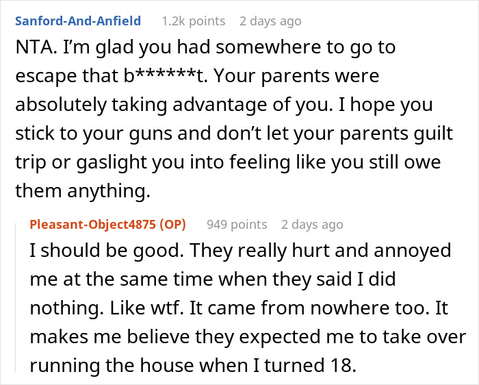 Screenshot of an online forum discussing an 18-year-old leaving toxic parents and escaping a harmful home environment.
