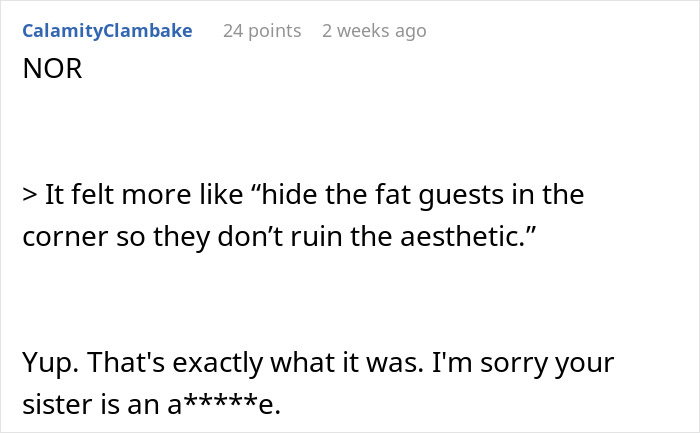 Screenshot of a Reddit comment discussing a bride's arrangement of a special Weight Watchers table for plus-size wedding guests. Screenshot of a Reddit comment discussing a bride's arrangement of a special Weight Watchers table for plus-size wedding guests.