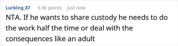 Comment discussing custody responsibilities and consequences, referencing mom covering for ex during custody weeks. Comment discussing custody responsibilities and consequences, referencing mom covering for ex during custody weeks.