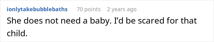 Screenshot of online comment discussing a baby-mad woman struggling with conception and family tensions. Screenshot of online comment discussing a baby-mad woman struggling with conception and family tensions.