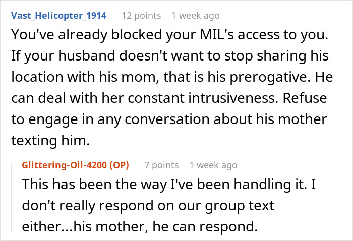 Comment discussion about blocking MIL tracking app son from sharing his location and handling intrusive texts from his mother. Comment discussion about blocking MIL tracking app son from sharing his location and handling intrusive texts from his mother.