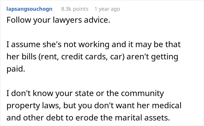 Text advice about lawyer guidance on managing debt and marital assets during divorce involving wife and affair partner. Text advice about lawyer guidance on managing debt and marital assets during divorce involving wife and affair partner.