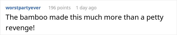 Comment text on a white background discussing bamboo as revenge in a story about a domestic violence victim escaping. Comment text on a white background discussing bamboo as revenge in a story about a domestic violence victim escaping.