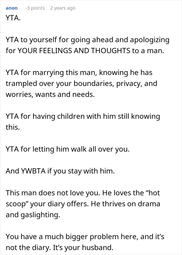 Comment explaining why a man reading wife’s diary behind her back shows boundaries and privacy issues. Comment explaining why a man reading wife’s diary behind her back shows boundaries and privacy issues.