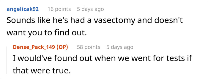 Two users discussing a vasectomy and the impact on marriage, kids, fertility, and relationship concerns in comments. Two users discussing a vasectomy and the impact on marriage, kids, fertility, and relationship concerns in comments.