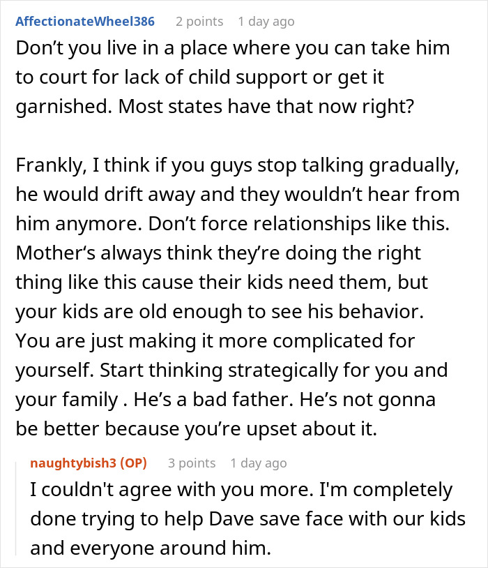 Comment discussing legal actions against a deadbeat dad for refusing a small favor and child support issues. Comment discussing legal actions against a deadbeat dad for refusing a small favor and child support issues.