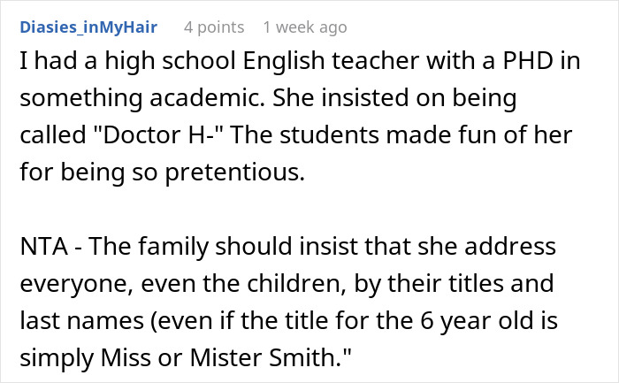Aunt with PhD expects family and husband to always call her doctor, emphasizing respect for academic titles. Aunt with PhD expects family and husband to always call her doctor, emphasizing respect for academic titles.