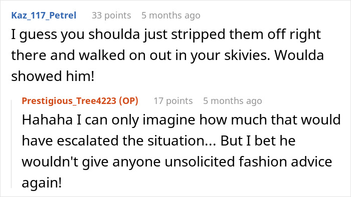 Online conversation showing a boomer complaining about stranger’s pants and reacting to his unexpected response. Online conversation showing a boomer complaining about stranger’s pants and reacting to his unexpected response.