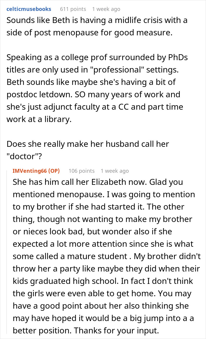 Discussion about an aunt with PhD expecting husband and family to call her doctor in casual online comments. Discussion about an aunt with PhD expecting husband and family to call her doctor in casual online comments.