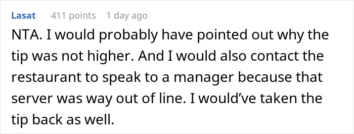 Screenshot of an online comment discussing a man taking back his tip after waitress shamed him loudly. Screenshot of an online comment discussing a man taking back his tip after waitress shamed him loudly.