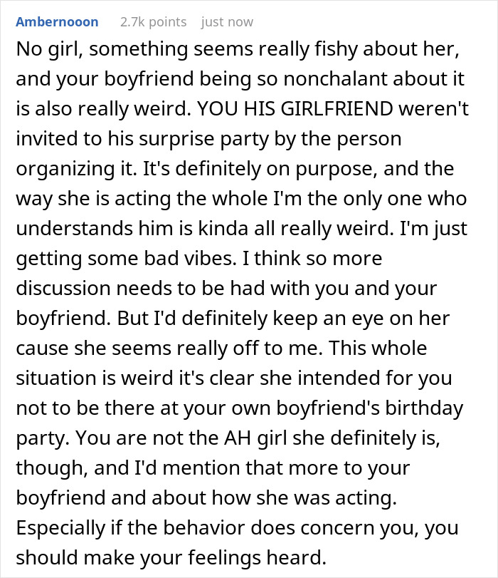 Comment discussing a guy’s female best friend not inviting his girlfriend to a surprise birthday party and raising concerns. Comment discussing a guy’s female best friend not inviting his girlfriend to a surprise birthday party and raising concerns.