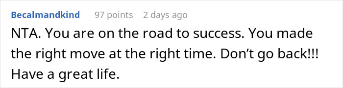 Comment on Reddit discussing an 18-year-old who left to escape toxic parents and gain independence.