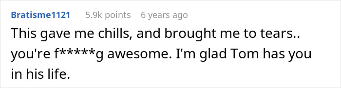 Comment text on a white background, expressing emotional praise and gratitude about Tom's positive impact in someone's life. Comment text on a white background, expressing emotional praise and gratitude about Tom's positive impact in someone's life.