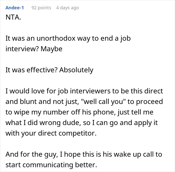 Screenshot of a Reddit comment discussing a job interview experience with a guy who had a high chance of getting hired. Screenshot of a Reddit comment discussing a job interview experience with a guy who had a high chance of getting hired.