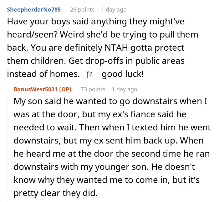 Reddit users discuss a lady refusing ex's stepkid bathroom access, suspecting he wants to snoop and protect her children. Reddit users discuss a lady refusing ex's stepkid bathroom access, suspecting he wants to snoop and protect her children.