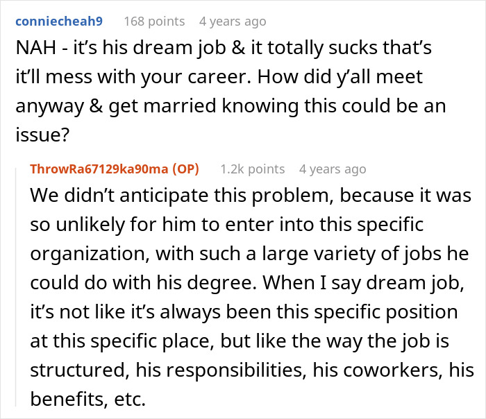 Reddit conversation discussing asking husband to turn down dream job due to its impact on career and family issues. Reddit conversation discussing asking husband to turn down dream job due to its impact on career and family issues.