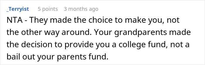 Screenshot of an online comment where a user supports a teen refusing to sacrifice her future for parents’ financial mistakes.
