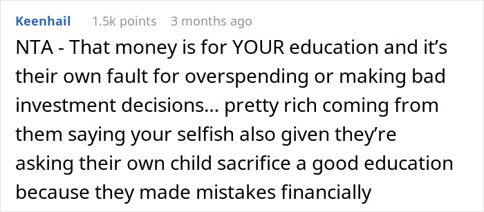 Screenshot of a Reddit comment discussing a teen refusing to sacrifice her future due to parents’ financial mistakes.