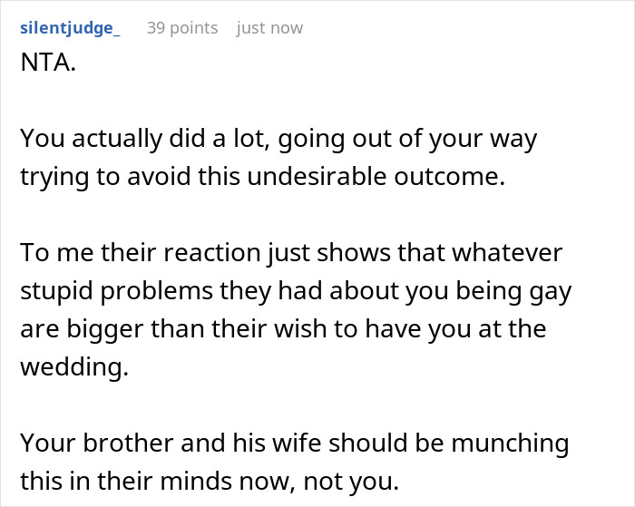 Comment discussing a gay man’s experience with family rejection over attending twin’s wedding with partner. Comment discussing a gay man’s experience with family rejection over attending twin’s wedding with partner.