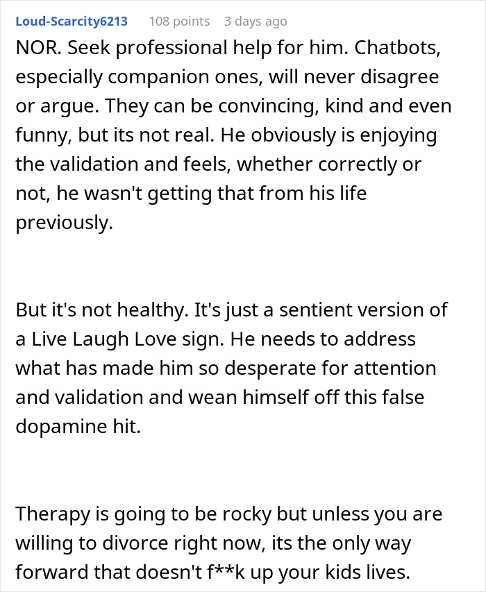 Comment discussing a woman questioning marriage as her husband falls in love with an AI companion chatbot. Comment discussing a woman questioning marriage as her husband falls in love with an AI companion chatbot.