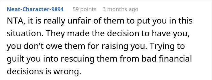 Screenshot of a Reddit comment discussing a teen refusing to sacrifice her future to fix parents' financial mistakes.