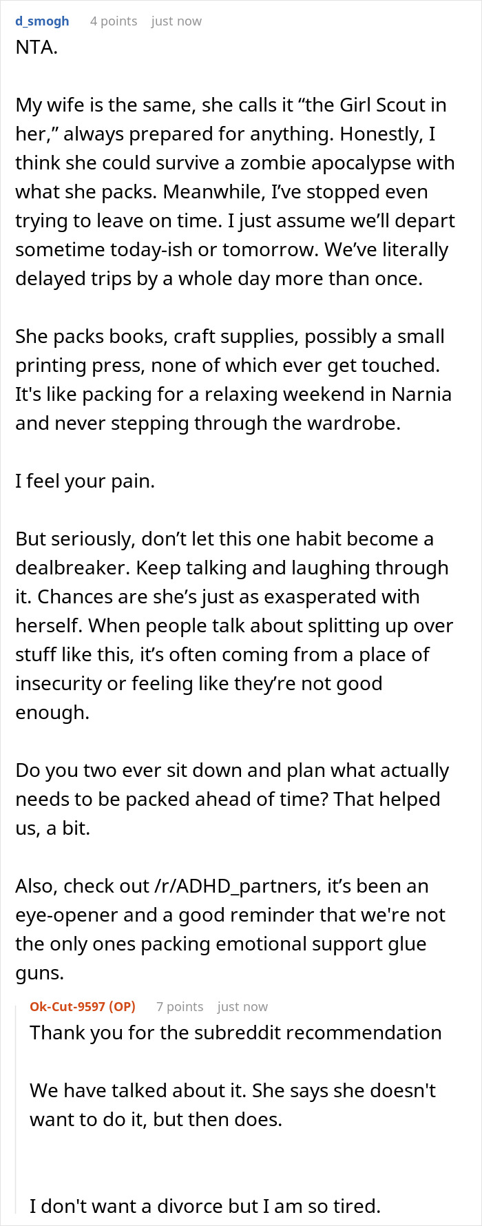 Reddit user shares wife’s weird quirk causing travel delays, packing challenges, and strain in their marriage. Reddit user shares wife’s weird quirk causing travel delays, packing challenges, and strain in their marriage.