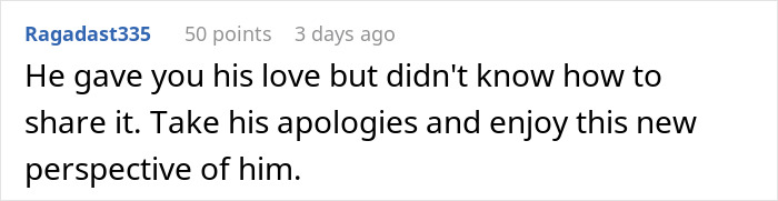 Comment text on a digital screen about a dad, love, apologies, and gaining a new perspective from a storage unit discovery. Comment text on a digital screen about a dad, love, apologies, and gaining a new perspective from a storage unit discovery.