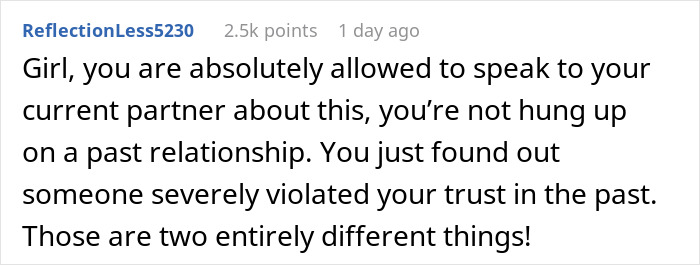 Text post from user ReflectionLess5230 offering advice about addressing trust issues from past relationships.