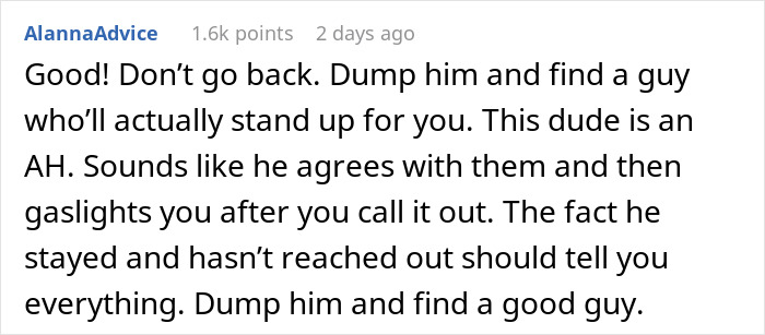 Reddit advice comment urging a woman to leave fiancé after being called trial wife and warm-up by his family. Reddit advice comment urging a woman to leave fiancé after being called trial wife and warm-up by his family.