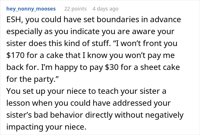 Screenshot of a forum comment discussing family drama over cake payment and party cancellation involving a sister and aunt. Screenshot of a forum comment discussing family drama over cake payment and party cancellation involving a sister and aunt.