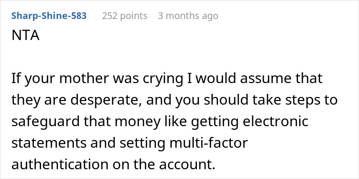Screenshot of an online comment advising a teen to protect money and refuse to sacrifice future over parents’ financial mistakes.