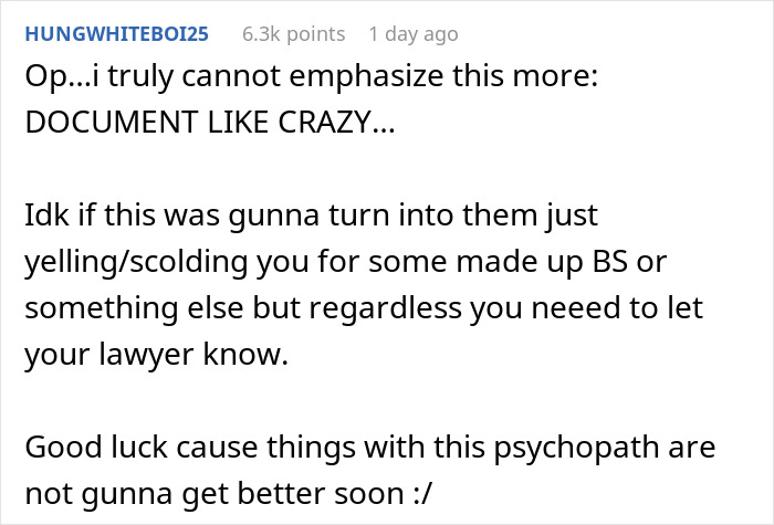 Screenshot of a Reddit comment advising to document incidents and inform a lawyer regarding stepkid bathroom refusal dispute. Screenshot of a Reddit comment advising to document incidents and inform a lawyer regarding stepkid bathroom refusal dispute.