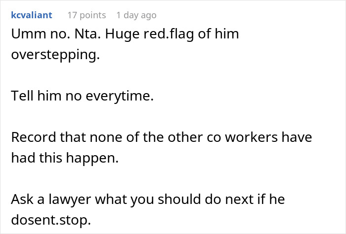 Comment advising a single mom to set boundaries with boss who keeps showing up at her home and seek legal advice if it continues. Comment advising a single mom to set boundaries with boss who keeps showing up at her home and seek legal advice if it continues.