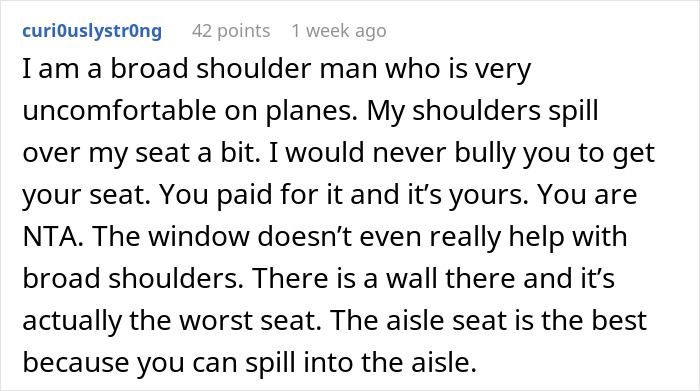 Comment discussing a broad-shouldered man uncomfortable on planes invading woman’s space after seat swap refusal.
