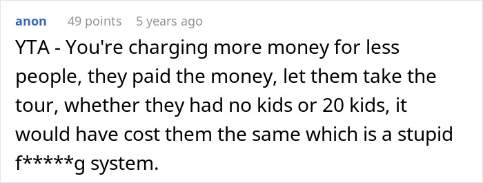 Screenshot of an online comment criticizing a tour company for charging more and turning away a childfree couple from a family tour.