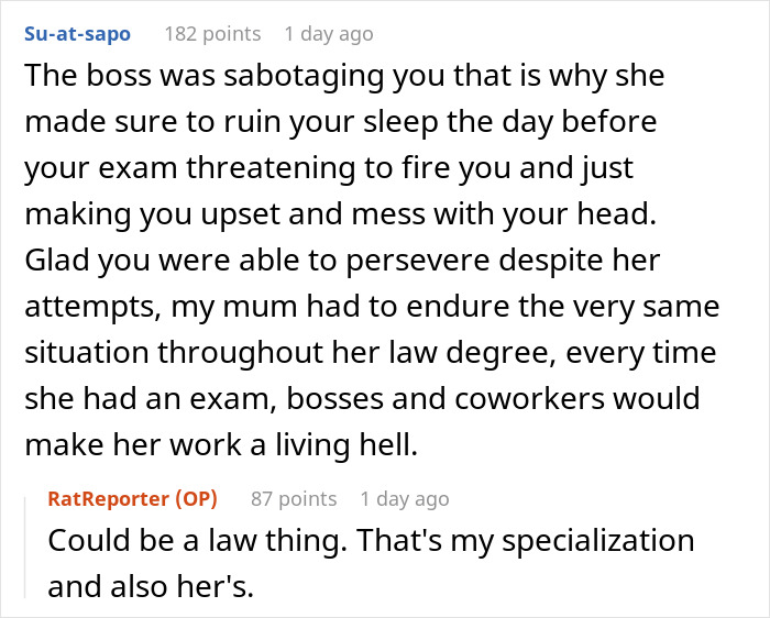 Comments discussing a boss sabotaging an employee and workplace struggles related to exams and perseverance. Comments discussing a boss sabotaging an employee and workplace struggles related to exams and perseverance.