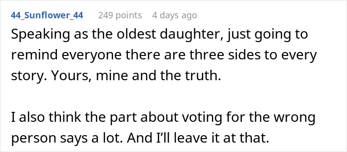 Reddit comment discussing generational trauma and differing perspectives on family stories and personal accountability.