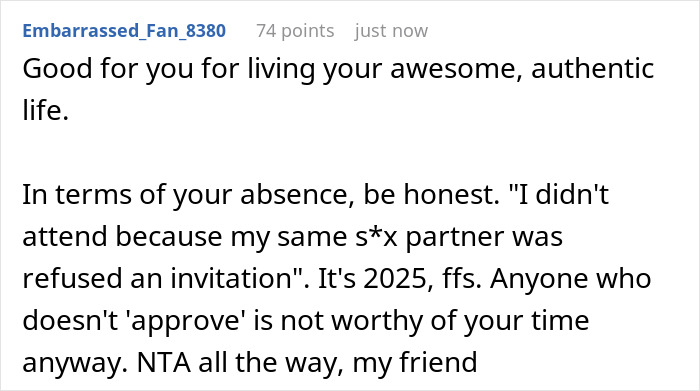 Comment criticizing exclusion of gay partner from wedding, mentioning $1.3K spent by gay man to attend twin’s wedding. Comment criticizing exclusion of gay partner from wedding, mentioning $1.3K spent by gay man to attend twin’s wedding.