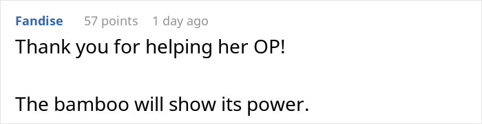 Screenshot of a Reddit comment thanking a guy helping a domestic violence victim and mentioning bamboo as revenge. Screenshot of a Reddit comment thanking a guy helping a domestic violence victim and mentioning bamboo as revenge.