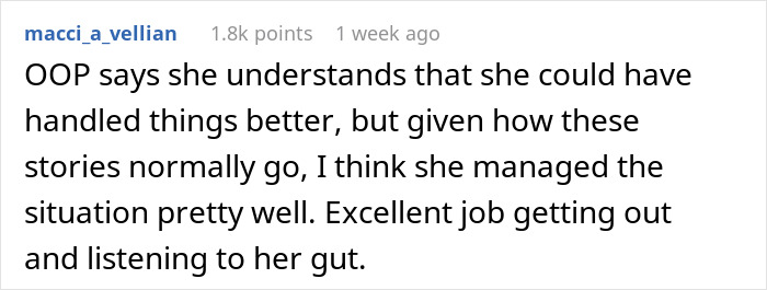 Screenshot of a forum comment where a woman reflects on handling a red-flag argument and fearing for her safety. Screenshot of a forum comment where a woman reflects on handling a red-flag argument and fearing for her safety.