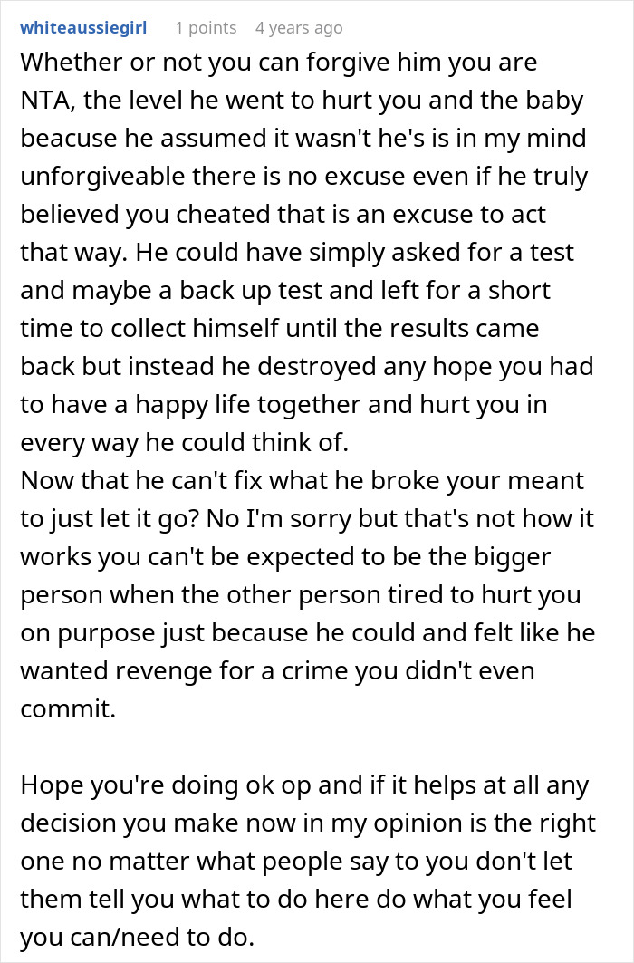 Reddit comment discussing forgiveness and hurt in a case of cheating accusation due to daughter's dark skin and DNA test results. Reddit comment discussing forgiveness and hurt in a case of cheating accusation due to daughter's dark skin and DNA test results.