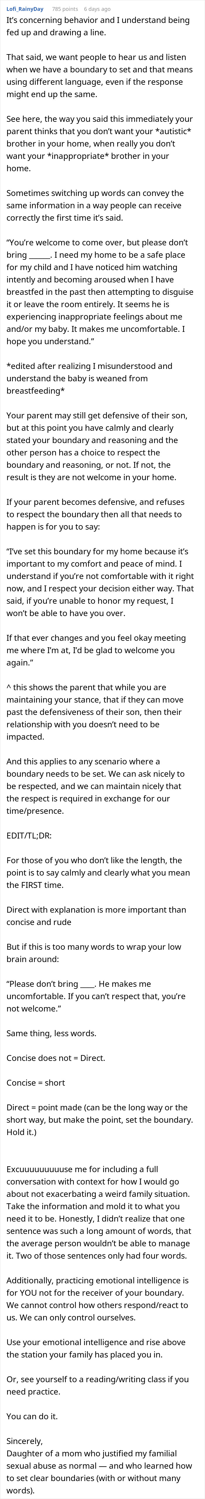 Mom feels unsafe around autistic brother as family dismisses her concerns about child safety at home.